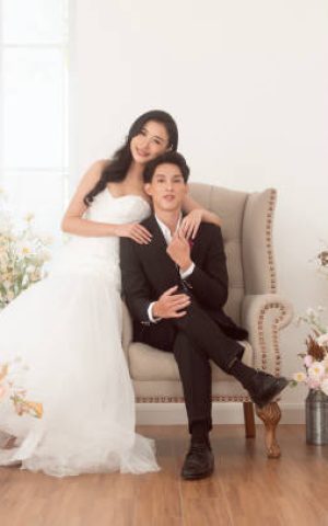 Couple of bride and groom enjoying romantic moments in wedding ceremony, Love, celebration and marriage.