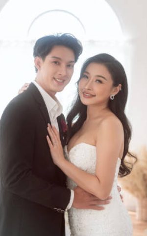 Couple of bride and groom enjoying romantic moments in wedding ceremony, Love, celebration and marriage.